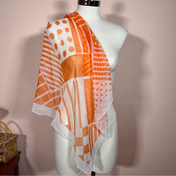 Vintage 60 70 Mod Geometric Orange White Semi Sheer Neck Scarf - Picture 15 of 17